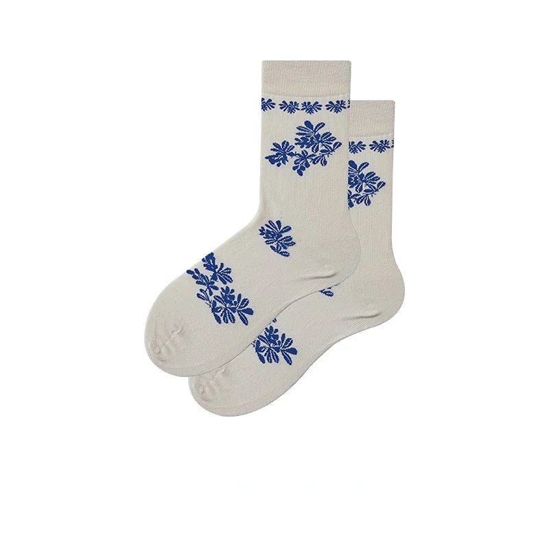 Blue and White Porcelain Tube Socks Women's Socks Chinese Style Autumn and Winter Retro Breathable Cotton Socks