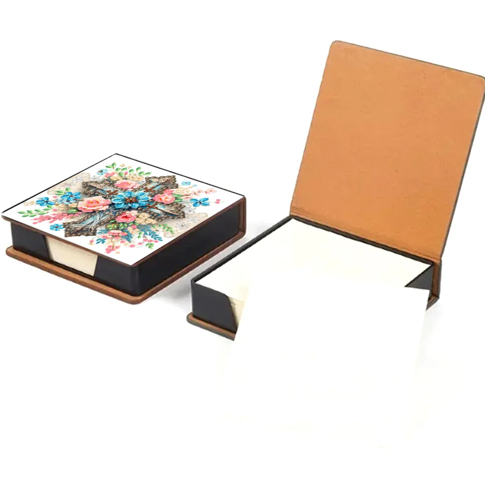 DIY Flower Cross Leather Diamond Art Note Box with 160 Sheets of Paper for Beginners