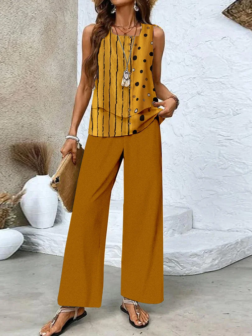 Women's Sleeveless Square Collar Geometric Graphic Printed Casual Set