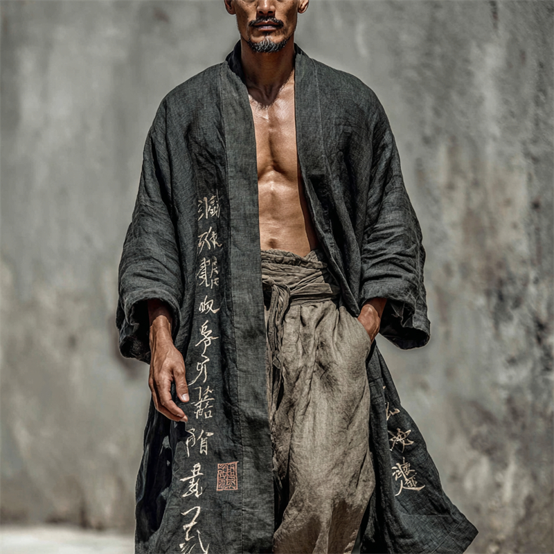 Men's Japanese Calligraphy Art Long Linen Kimono  artssus