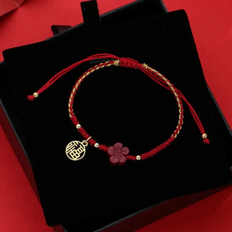 Cinnabar Flower Fu Character Blessing Braided String Bracelet