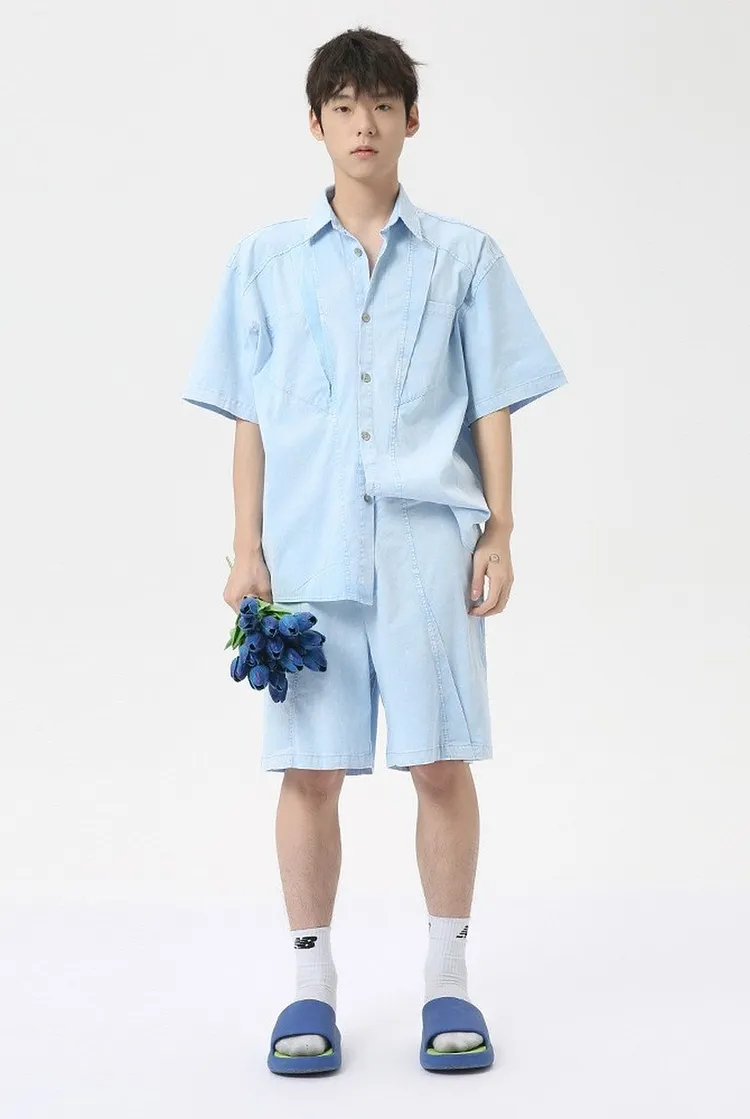 Men's Casual Denim Shirt with Pocket Blue Button Up