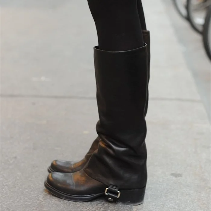 Black Calf Length Vintage Block Heel Boots Vdcoo