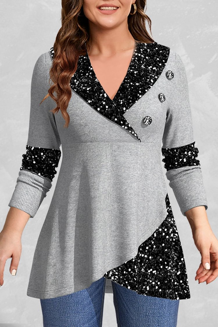Flycurvy Plus Size Casual Grey Stitching Sequin Sparkly Blouse  flycurvy [product_label]