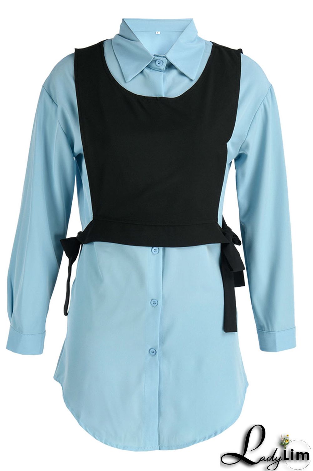 Light Blue Casual Simplicity Solid Patchwork Buckle Turndown Collar Long Sleeve Two Pieces