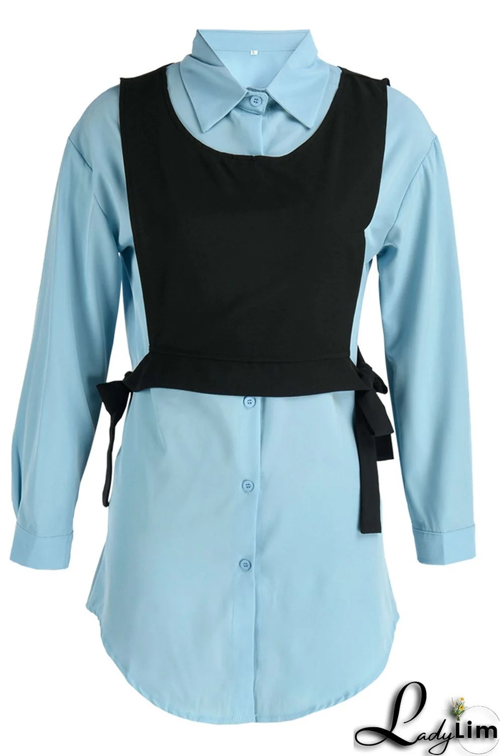 Light Blue Casual Simplicity Solid Patchwork Buckle Turndown Collar Long Sleeve Two Pieces