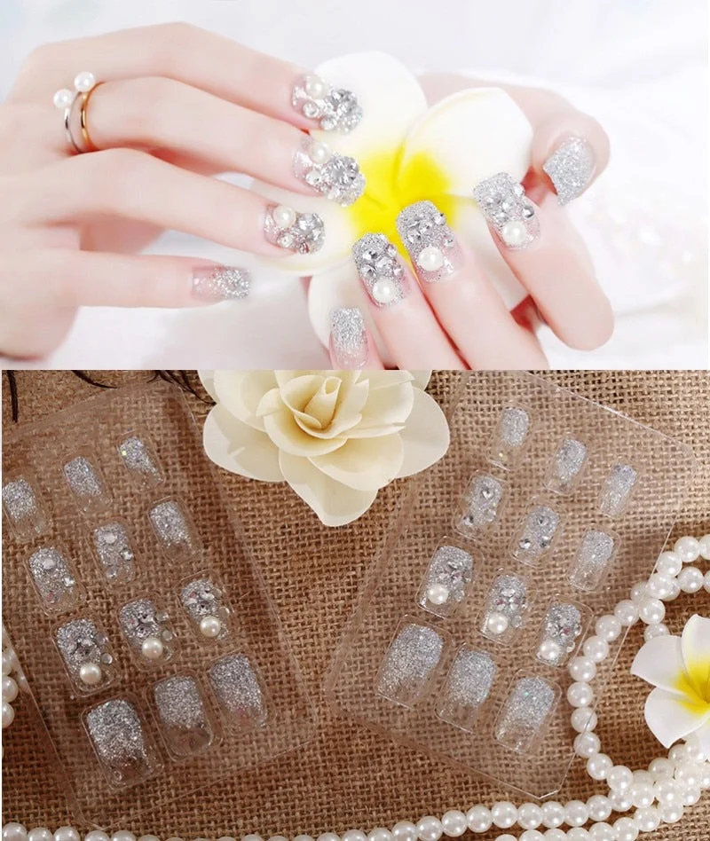 24Pcs/Set Fake Nails Press on Girls Finger Beauty False Nail Art Tips Bright Shining 3D Diamond Full Cover French Nail Art Tips-Nail Inspo