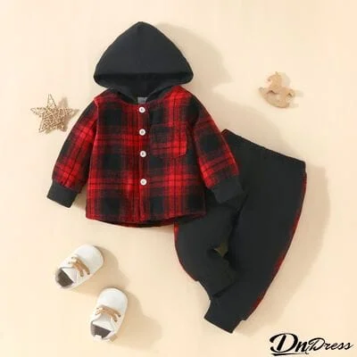 Plaid Button Up Hooded Shacket ann Pants Set