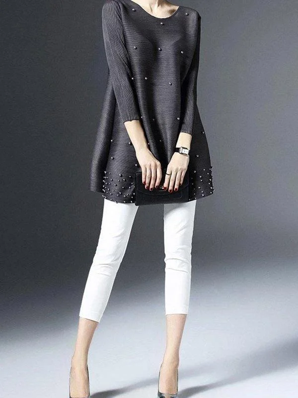 Gray Beaded Plain 3/4 Sleeve Crew Neck Tunic