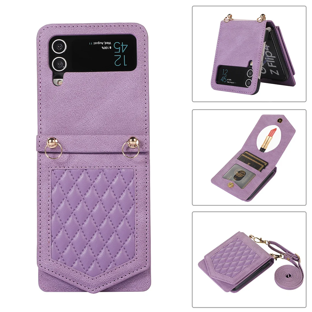 Crossbody Small Sweet Wind Retro Leather Phone Case With Lanyard,Cards Slot And Mirror For Galaxy Z Flip3/Z Flip4