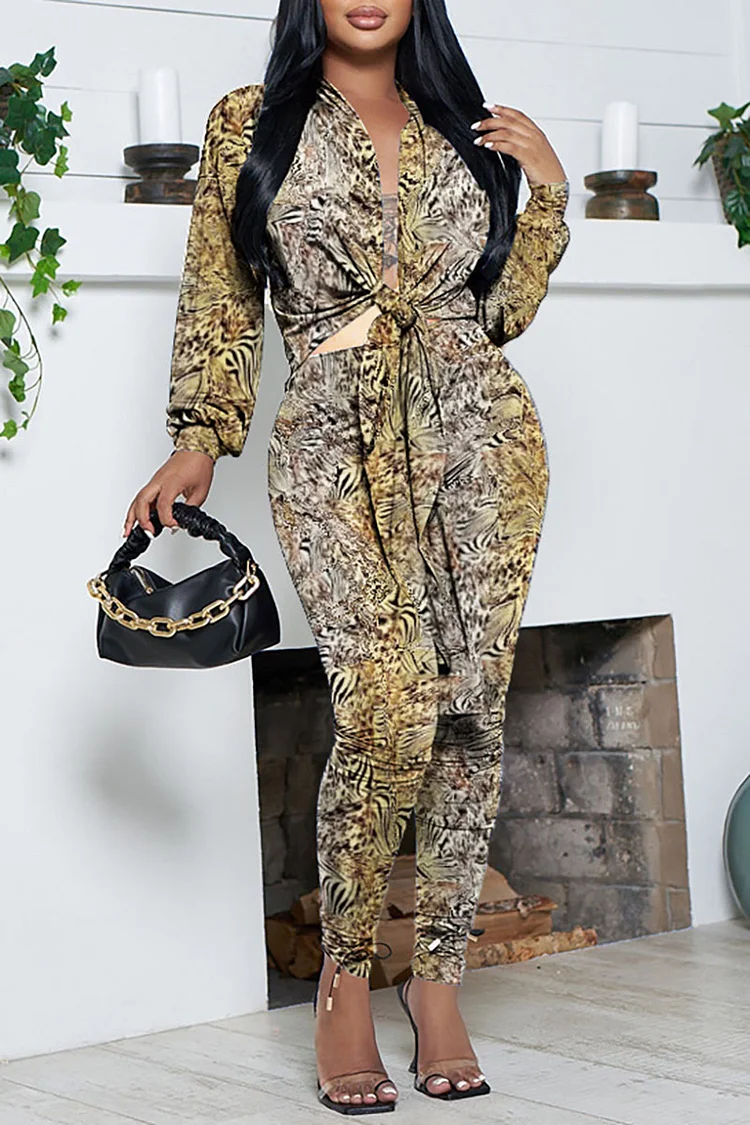 Tropical Print Long Sleeve Tie Up Blouse Slim Fit Pants Matching Set-Yellow