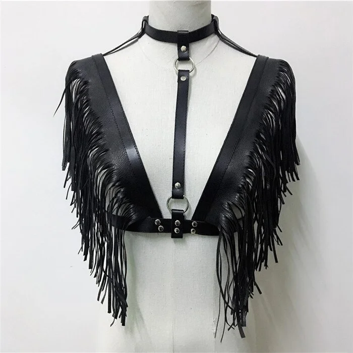 Uveng Faux Leather Hollow Out Crop Top Women Link Chain Long Tassel Tank Tops Stage Performance Costume Party Rave Festival Tops
