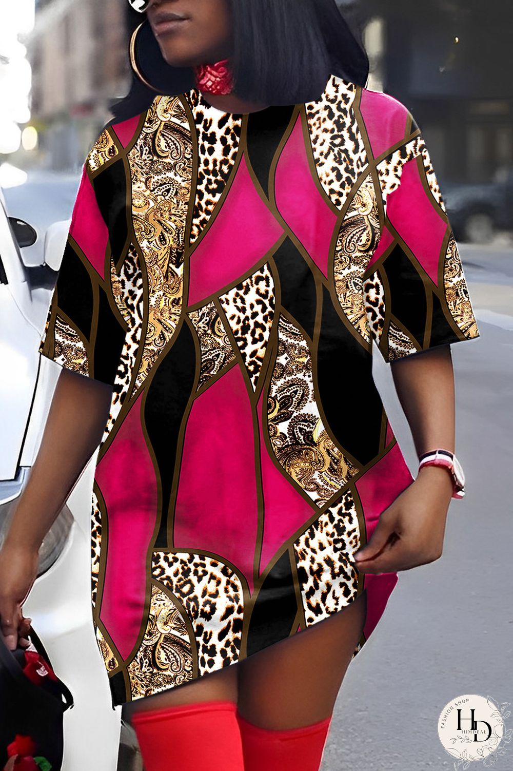 Rose Red Casual Print Patchwork V Neck Short Sleeve Dress