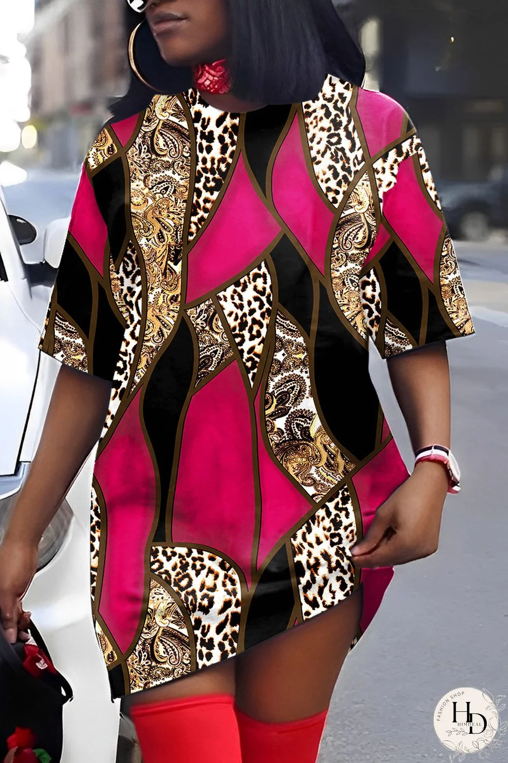 Rose Red Casual Print Patchwork V Neck Short Sleeve Dress