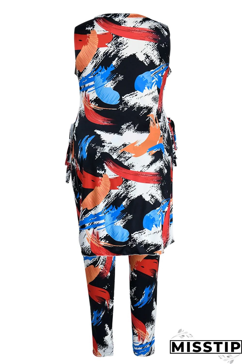 Black White Fashion Print Draw String O Neck Plus Size Two Pieces