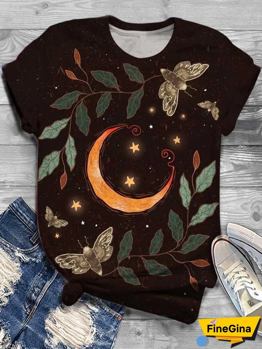 Moon Print Casual Round Neck Short Sleeve T-Shirt