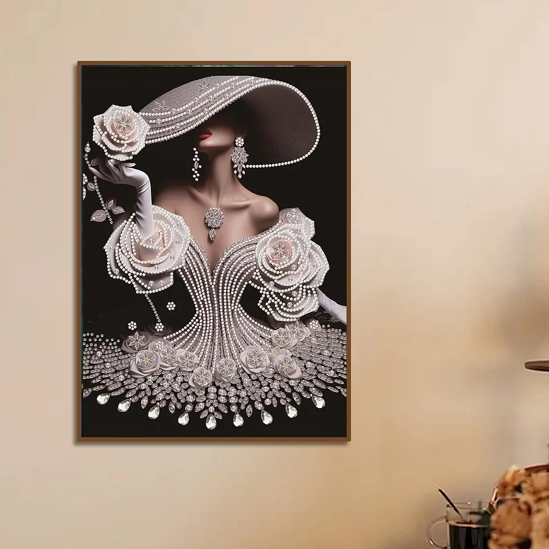 Pearl Rose Evening Gown Lady Special Shaped 5D DIY Partial Drill Diamonds Dots Gem Art Kits 11.81x15.75Inch Diamond Dots Paintings Diamonds Paintings Gem Art for Adults Beginners Home Decor