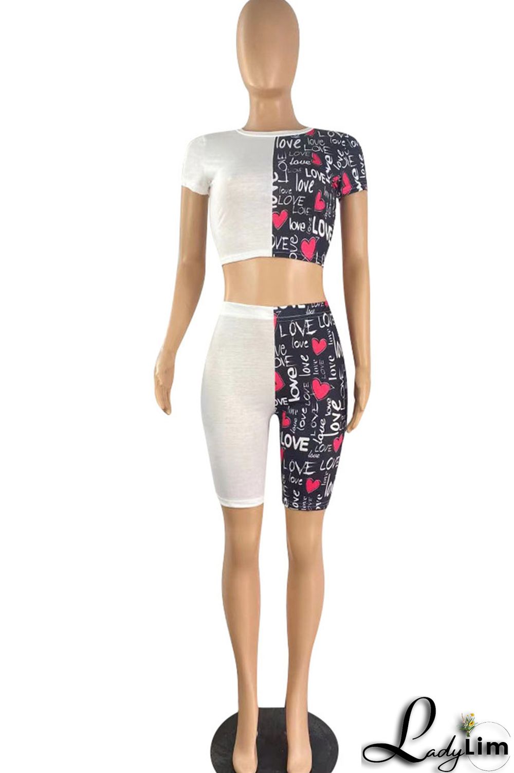 Black Casual Print Split Joint O Neck Short Sleeve Two Pieces