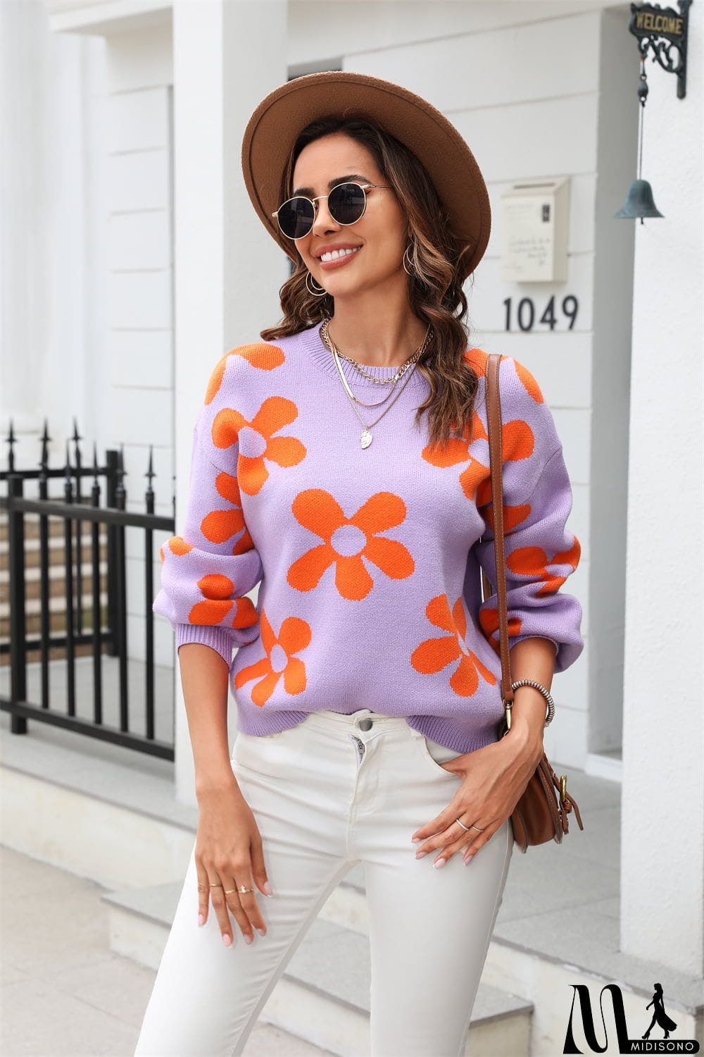 MidiSono - Floral Print Round Neck Dropped Shoulder Pullover Sweater