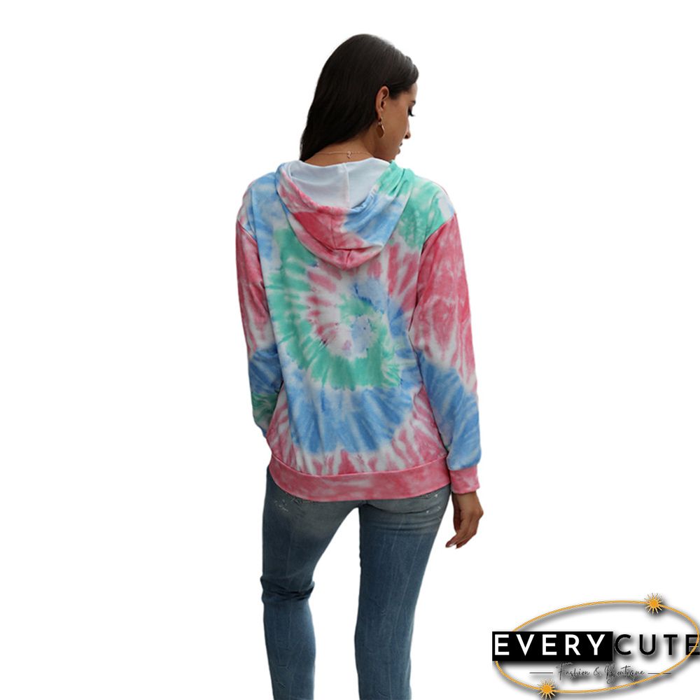 Pink Tie Dye Print Long Sleeve Drawstring Hoodie
