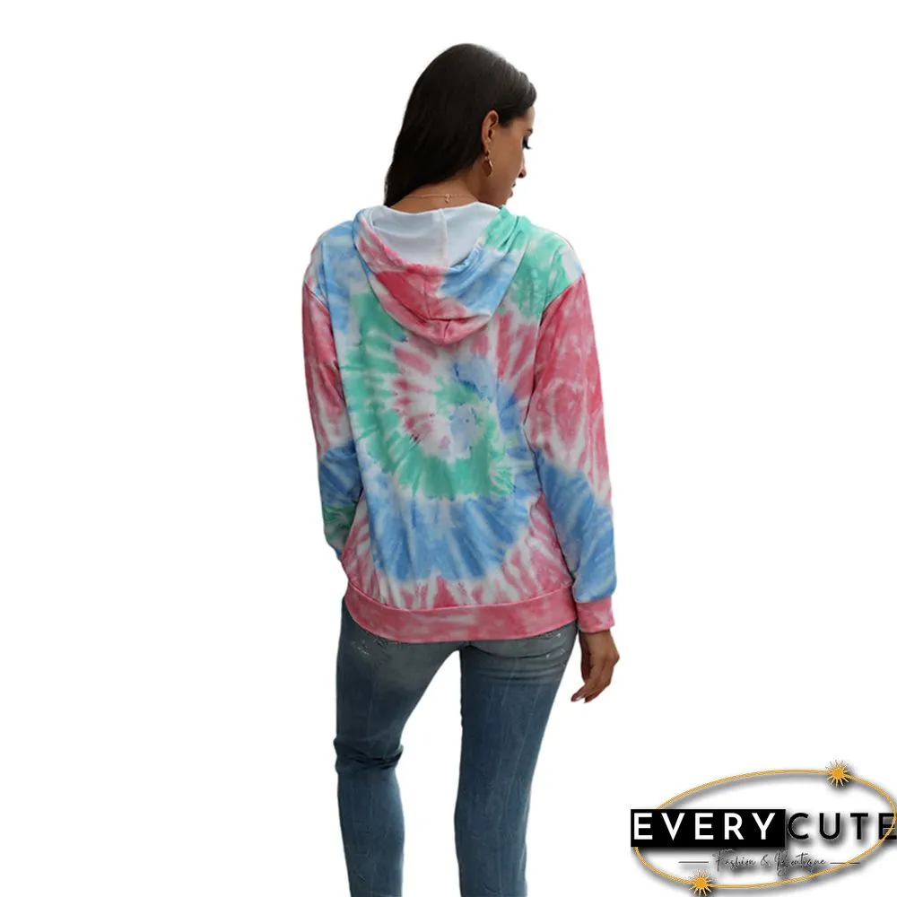 Pink Tie Dye Print Long Sleeve Drawstring Hoodie