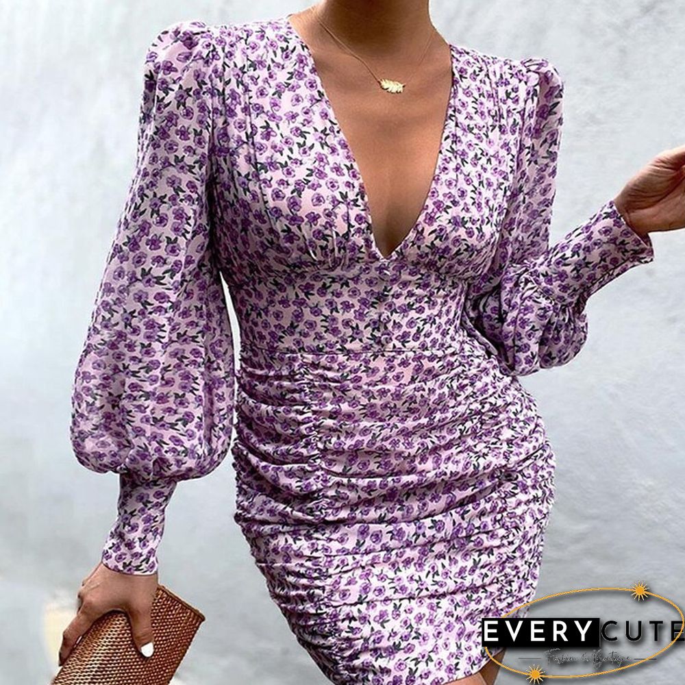 Women Sexy Deep V Neck Floral Print Long Lantern Sleeve Ruched Dress Summer Elegant Female Bodycon Party Dress Vestido