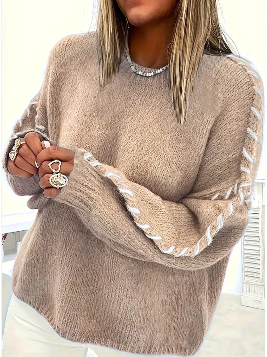 Athvotar Athvotar Leisure Pure Color Round Collar Knitted Shirt Wear Rope Design Loose Lanky Long Sleeve Sweater Female Top