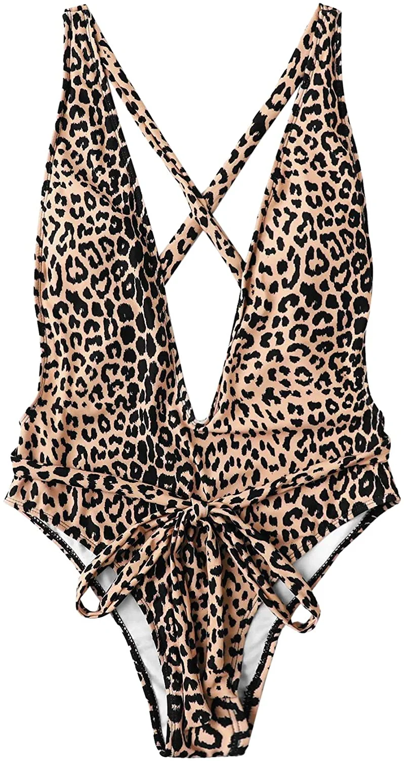 Criss Cross Tie Knot Front Deep V Open Back Leopard One Piece Swimwear Women's Sexy Bathing Suits