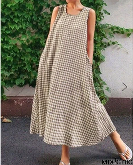 Cotton Plaid Loose Casual Sleeveless Dress Woman Linen