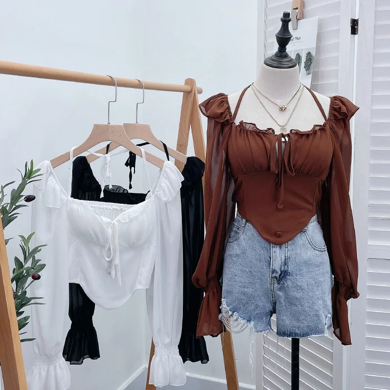 Uveng Spice Girls Shoulder-Mounted Neck With Long-Sleeved Chindal Wooden Ear-Deared Shirt Short With Chest Cushion Top 8873