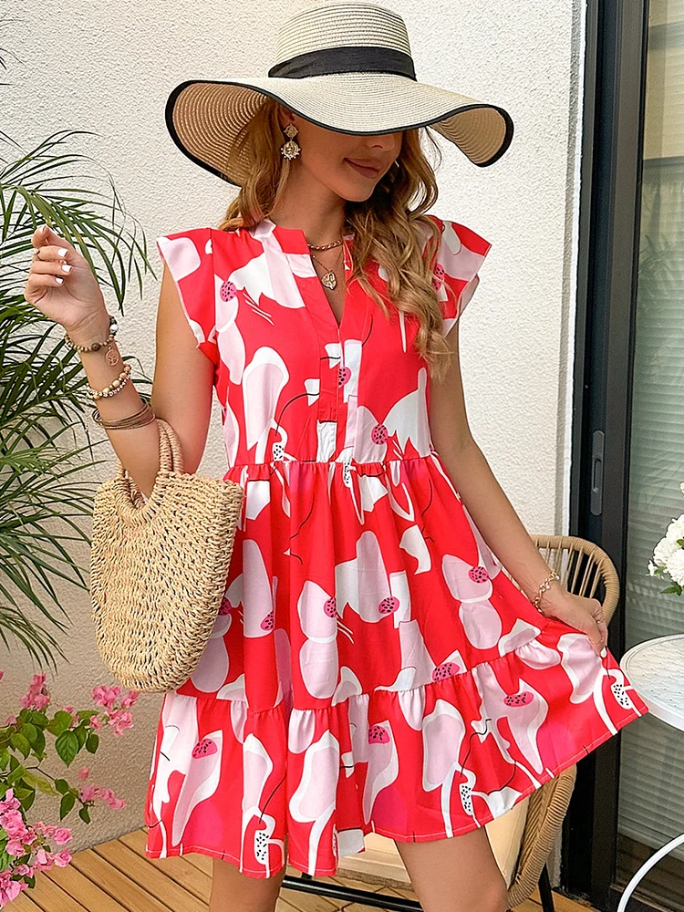 Printed Notched Cap Sleeve Dress