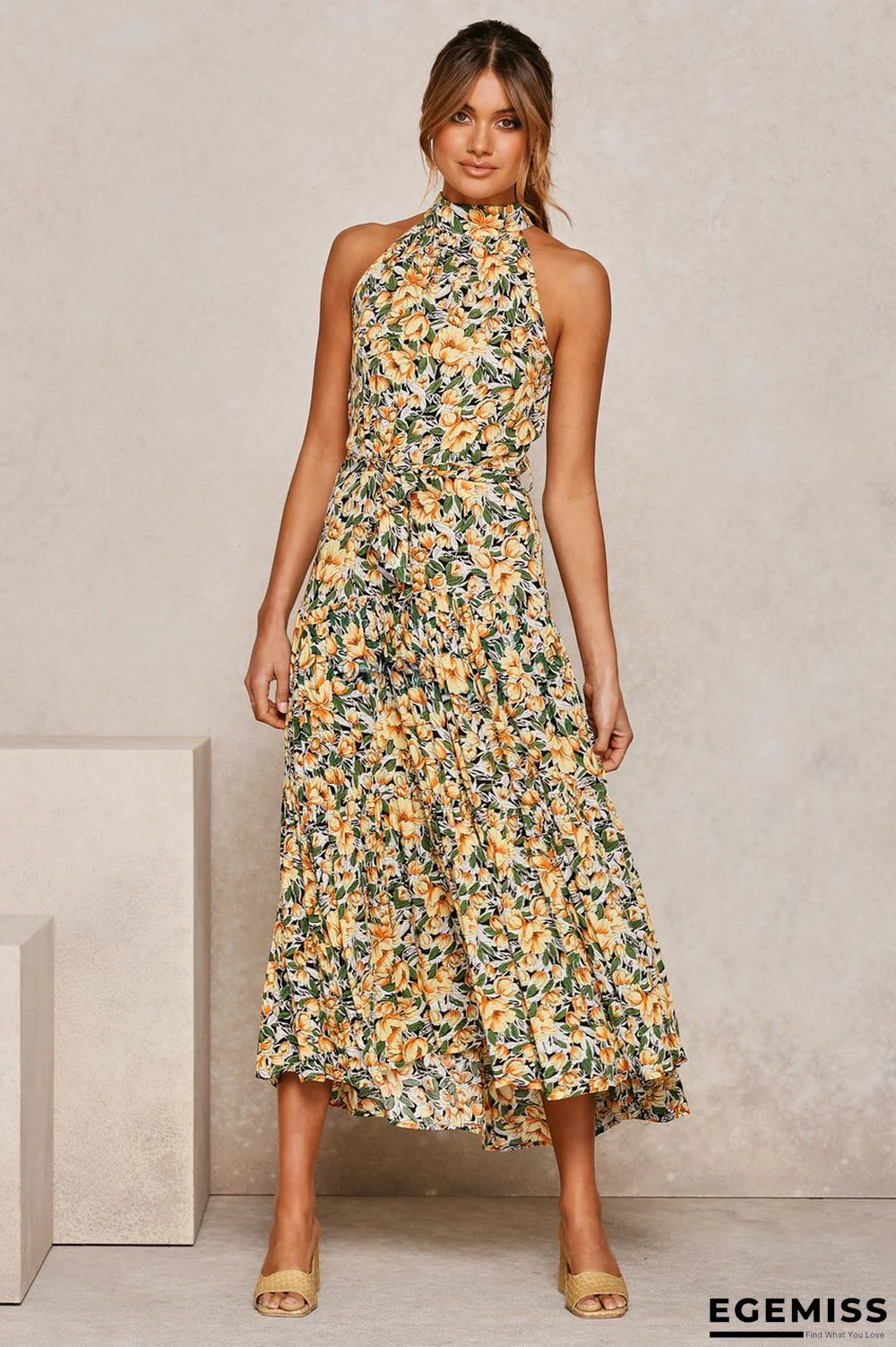 Neck Print Lace-up Dress | EGEMISS