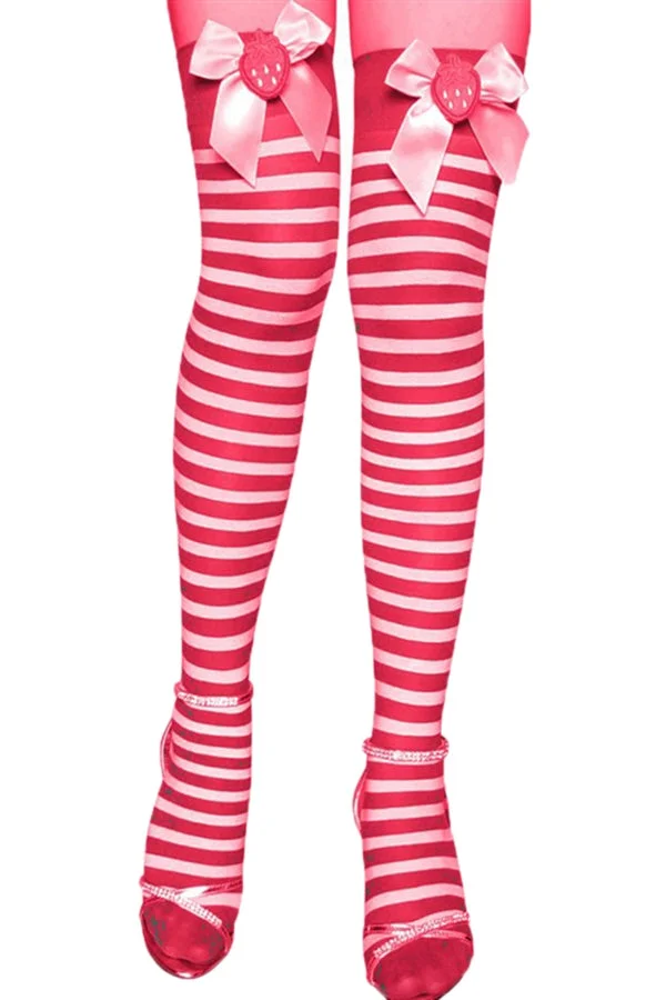 Red Cute Womens Bow Stripe Stockings Christmas Accessory-elleschic