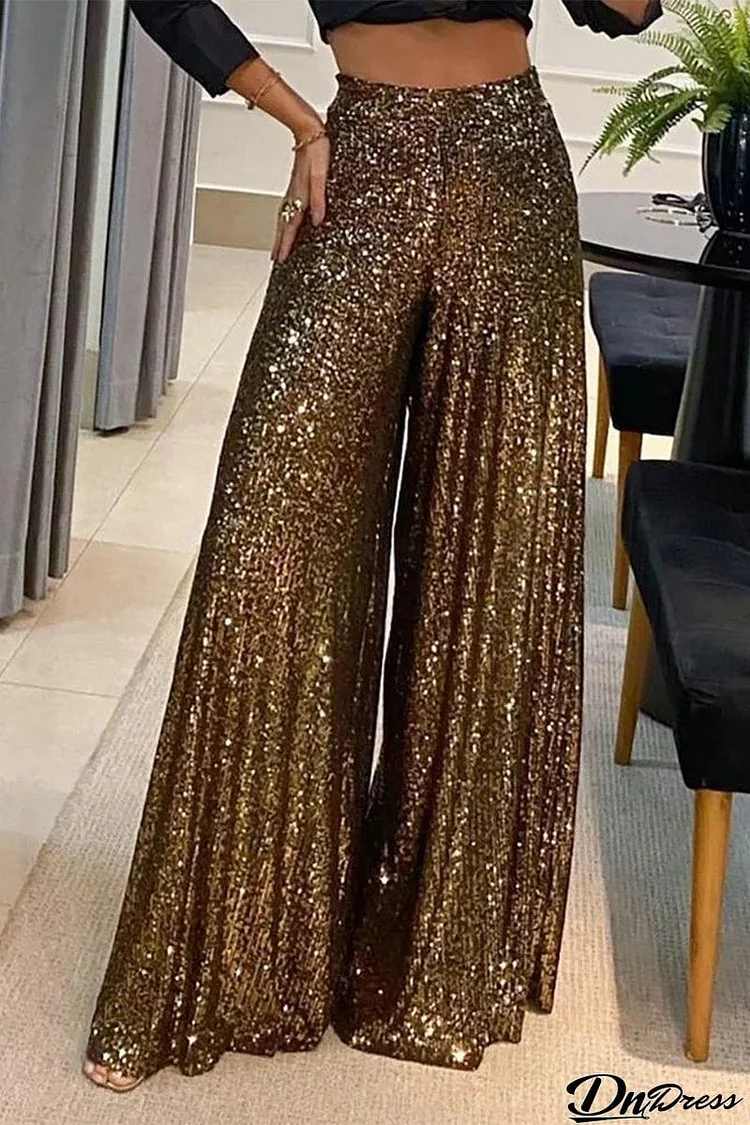 Casual Solid Sequins Loose Mid Waist Wide Leg Solid Color Bottoms(3 Colors)