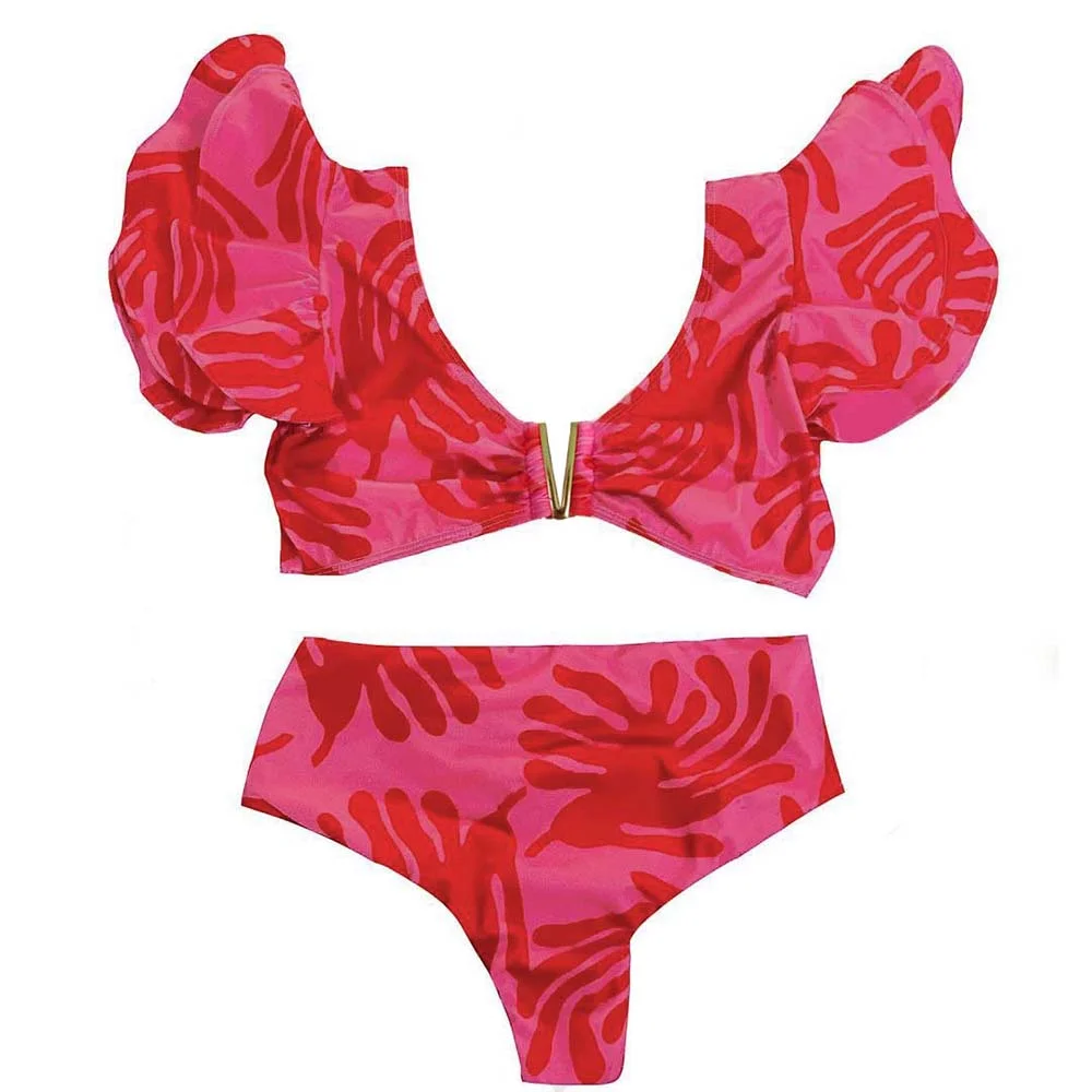 2022 New Sexy High Waist Bikini Sets Ruffle Swimwear Women Swimsuit Print Floral Dots V-neck Beach Wear Bathing Suits biquini