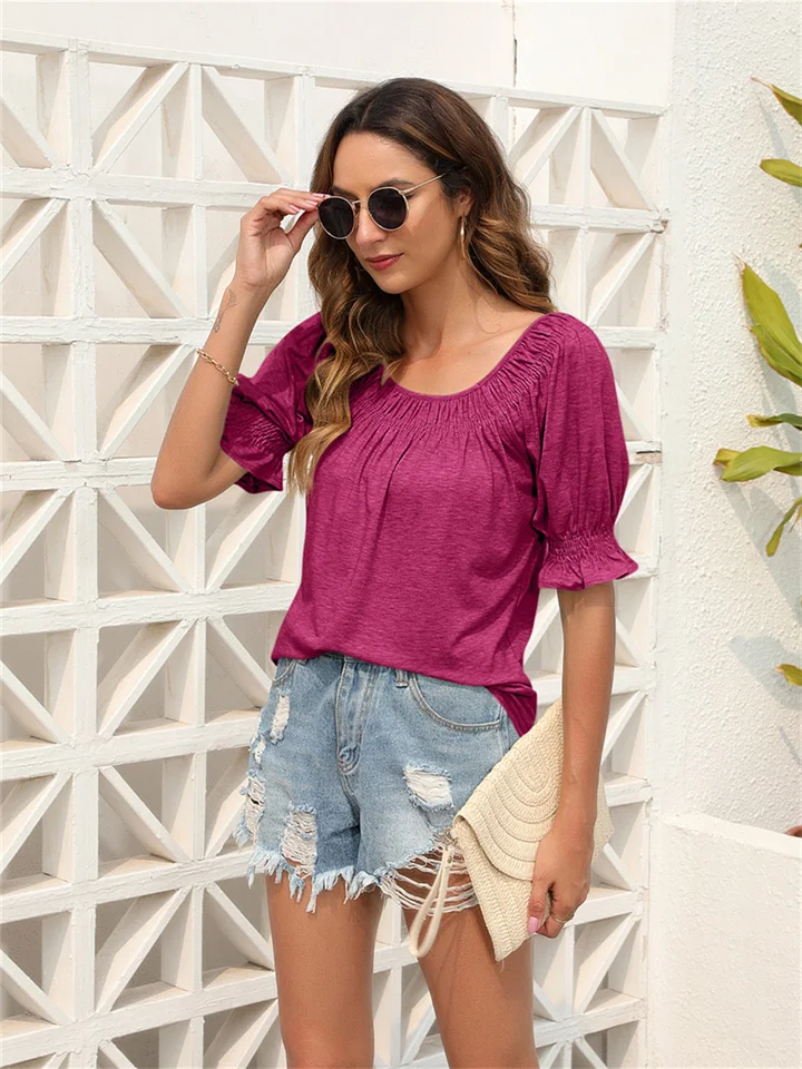 Women's Summer Tops Loose Comfortable Casual U-neck Bubble Sleeve Pleated Short-sleeved Sweet Wind T-shirt-Cosfine