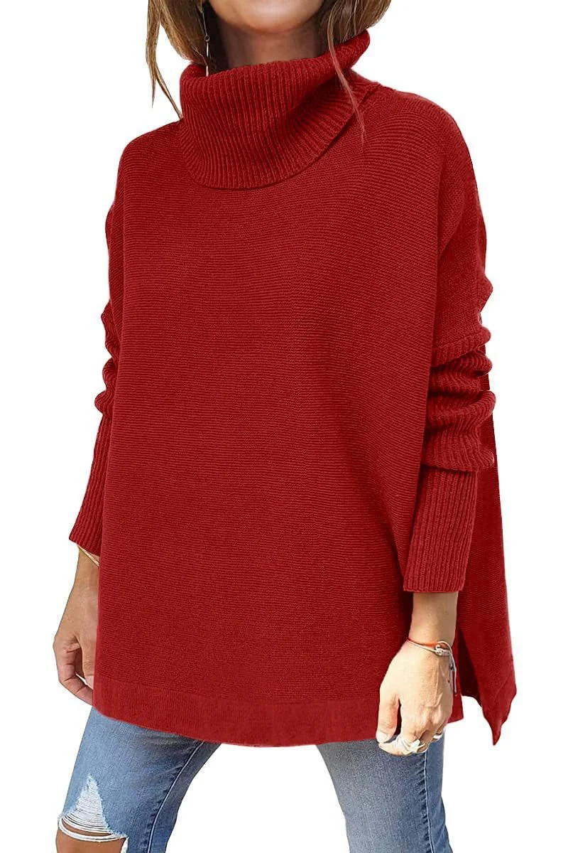 Autumn Winter Women Knitted Long Sweater Loose Oversized Turtleneck Batwing Sleeve Tunic Pullover Tops Jumpers
