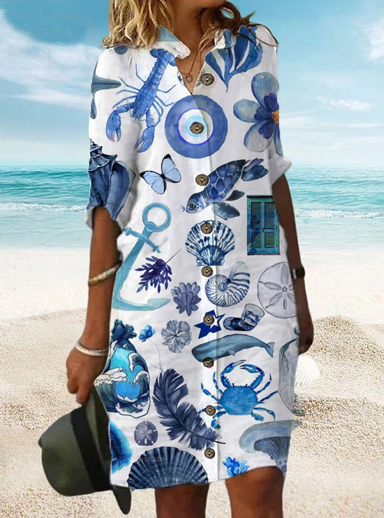 A-Line Turtle Ocean Printed Buttoned  Dress