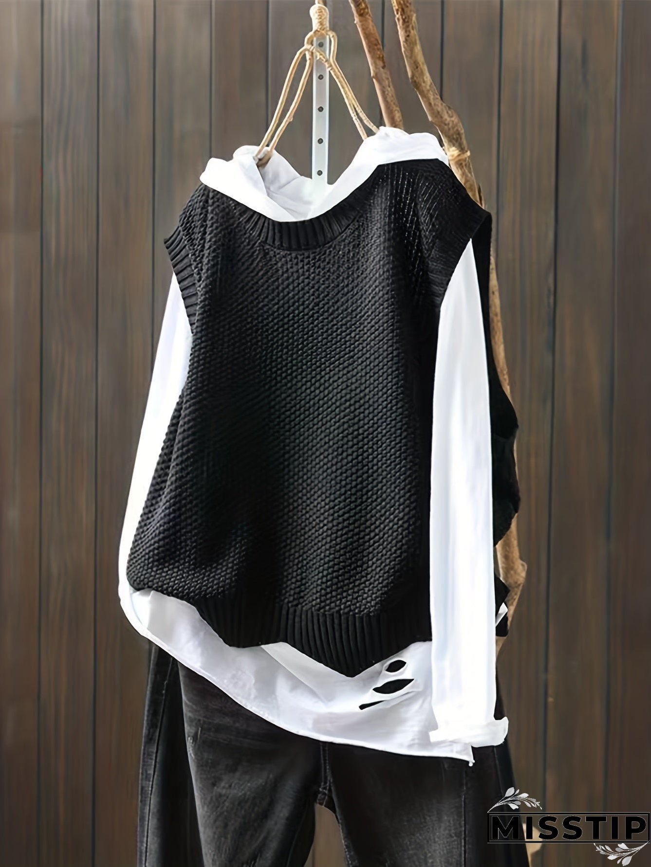 Solid Crew Neck Knitted Vest, Casual Sleeveless Loose Sweater, Women's Clothing