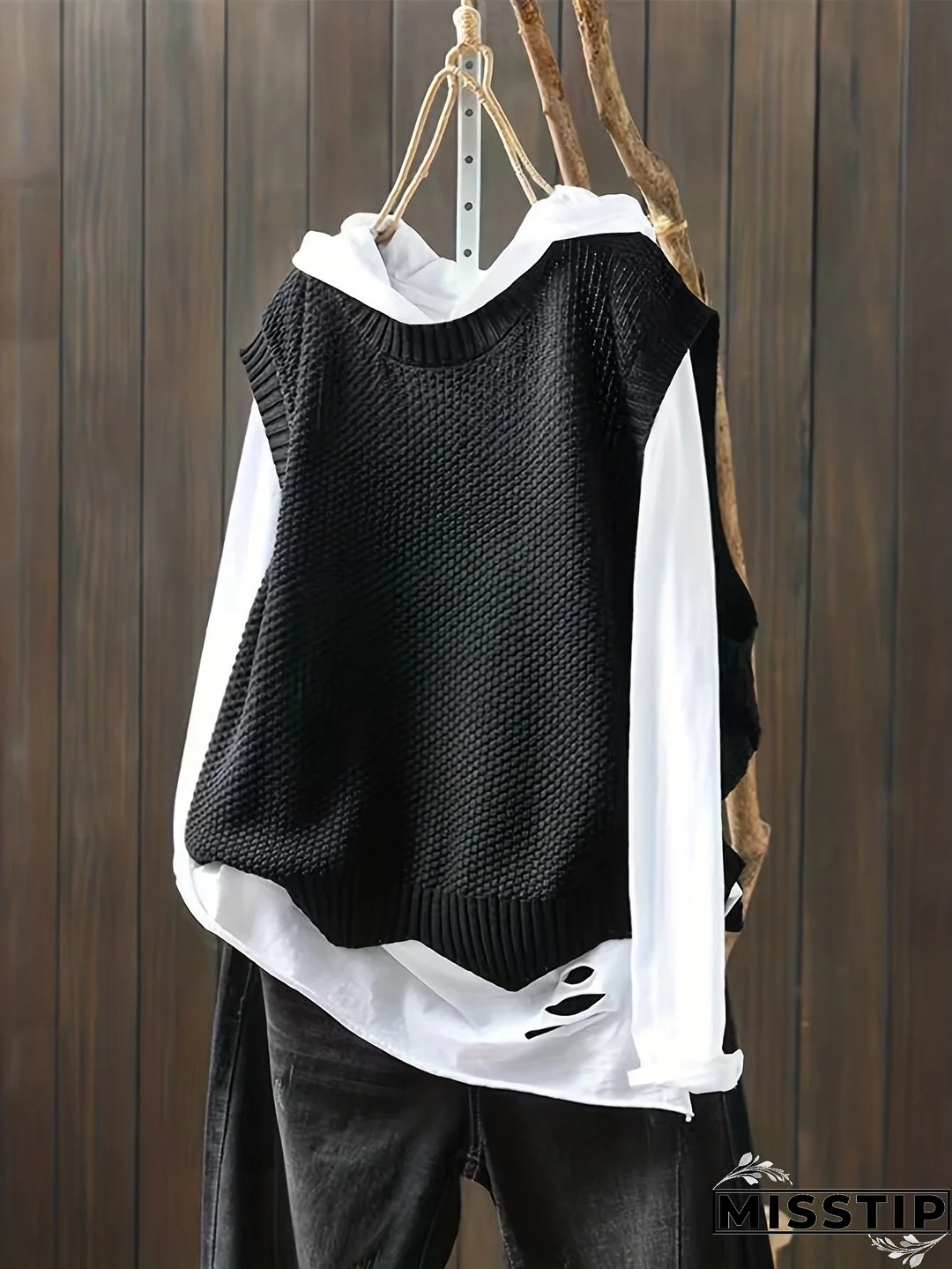 Solid Crew Neck Knitted Vest, Casual Sleeveless Loose Sweater, Women's Clothing