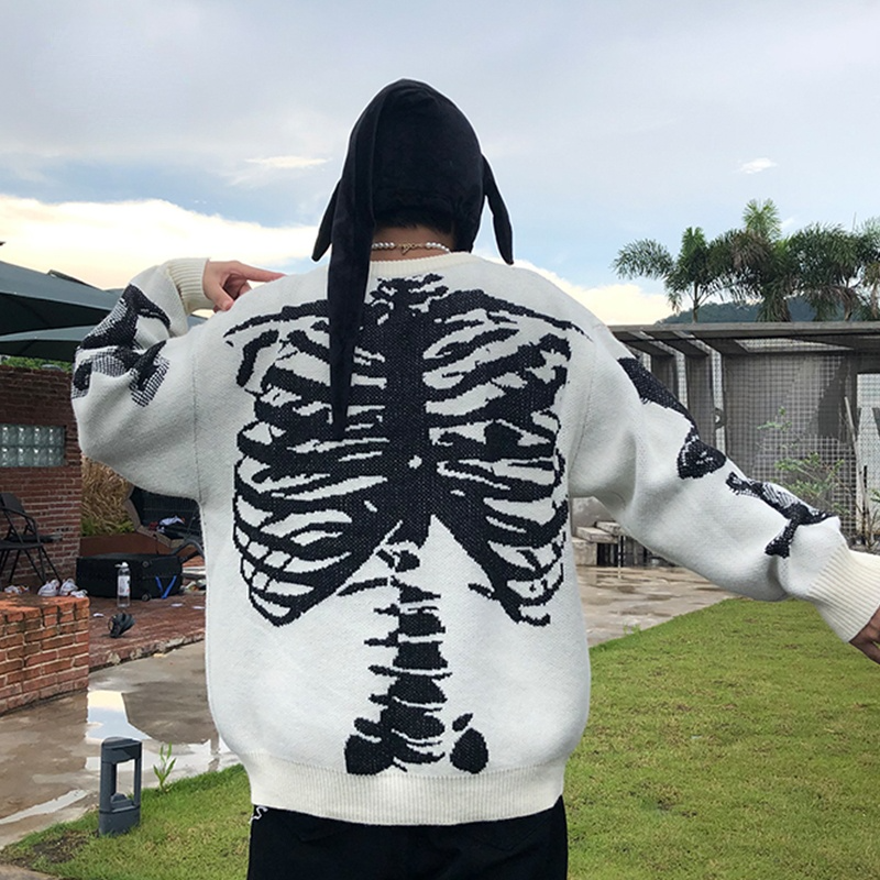 Skeleton Bone Print Vintage Crew Neck Pullover Men's Oversized Sweater-VESSFUL