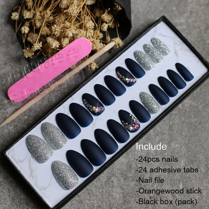 Matte glitter art nails box Match press on nails Burgundy AB rhinestone fasle nails stiletto Custom nails white blue pink-Nail Inspo