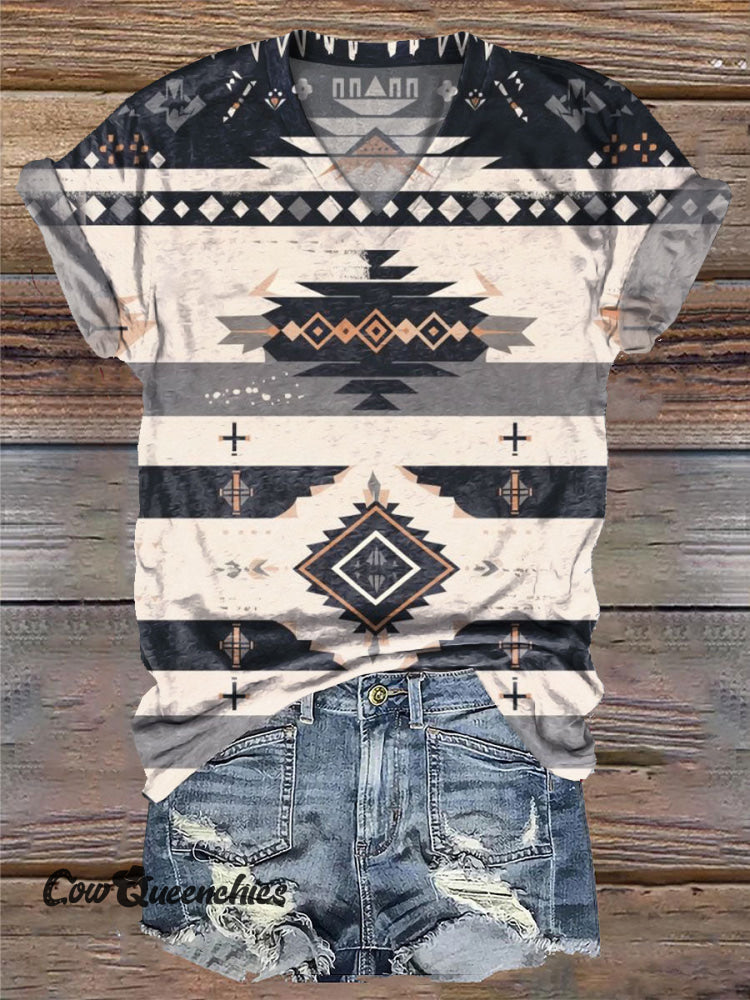 Women&rsquo;s Aztec Print V-neck Casual T-Shirt Multicolor / S
