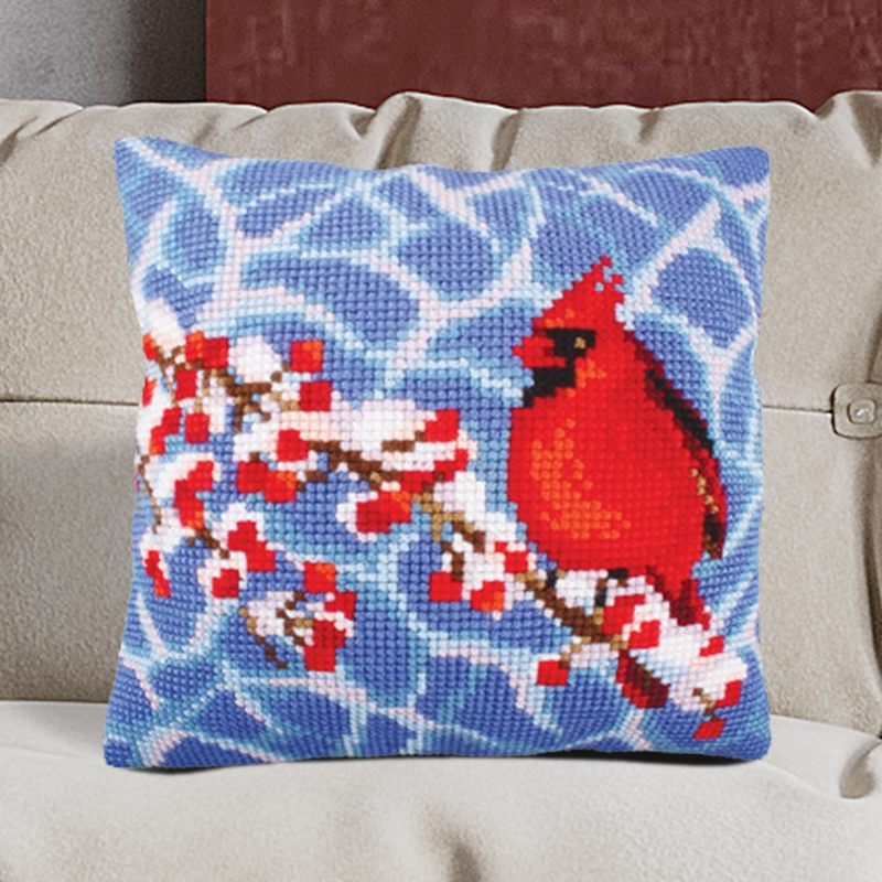 Winter Cardinal Bird Latch Hook Pillow Kit Hooked Cushion for Adult