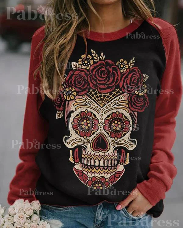 Skull Floral Print  Long Sleeve Sweatshirt
