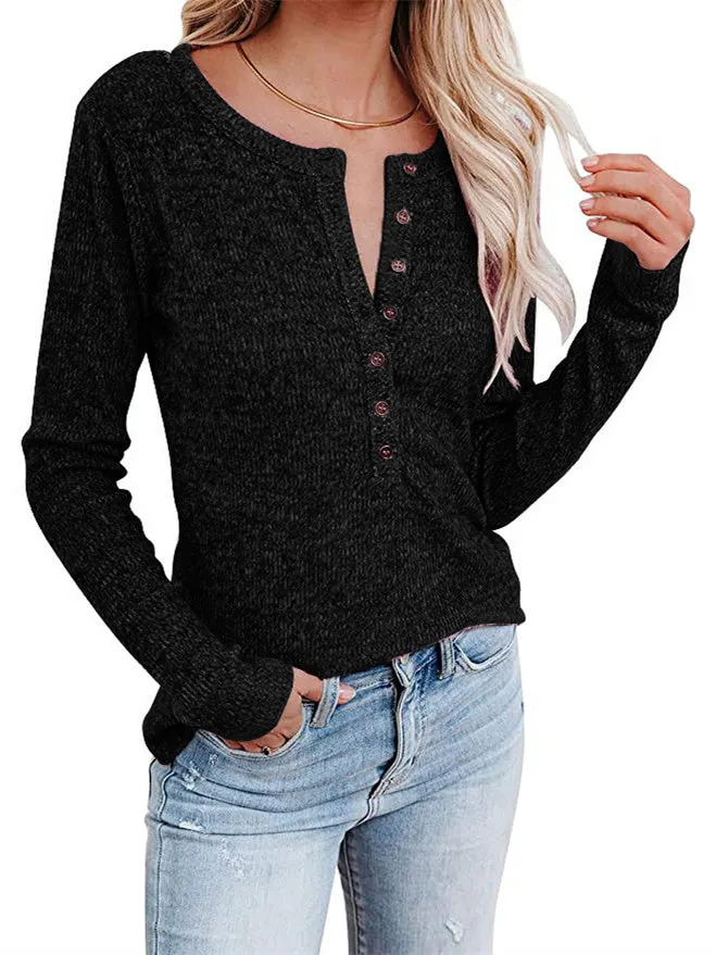 Women Long Sleeve Scoop Neck Solid Color Casual Botton Tops