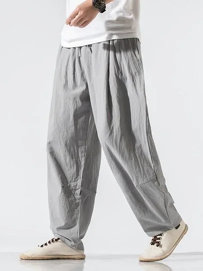 Men's Plain Loose Straight Leg Cotton And Linen Casual Pants