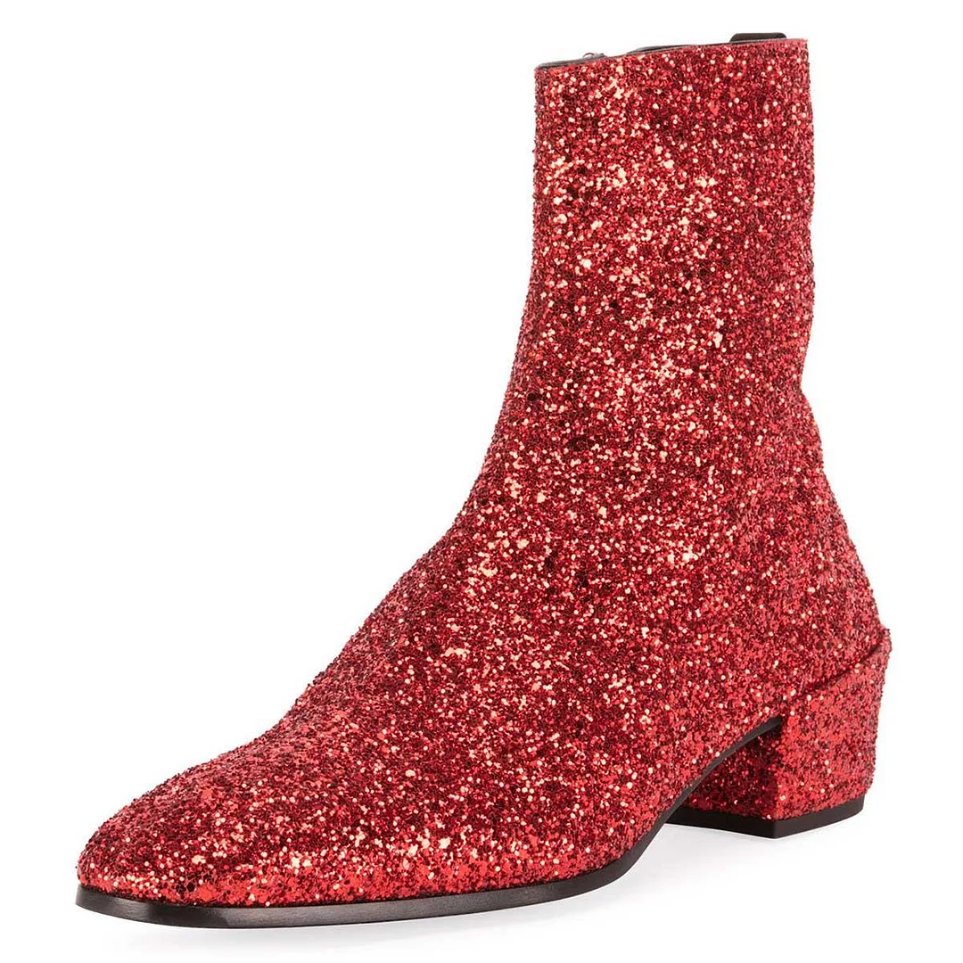 Full Red Glitter Pointed Toe Sock Boots Sparkly Decorative Heel Ankle Boots Nicepairs