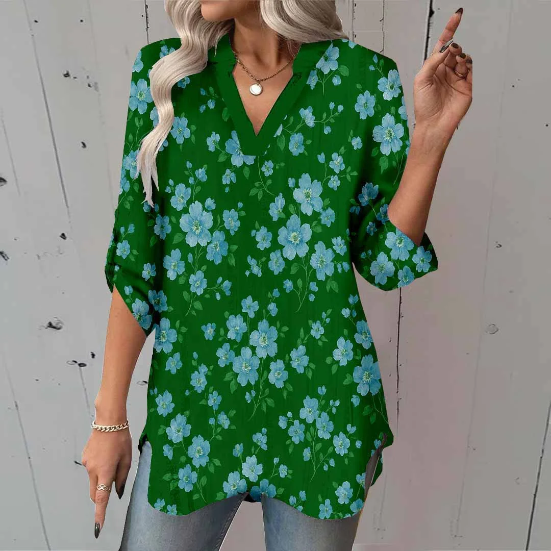 Women Floral, Blue, Blue DZGA0166 3/4 Sleeve V-neck Printed Graphic Button Tops