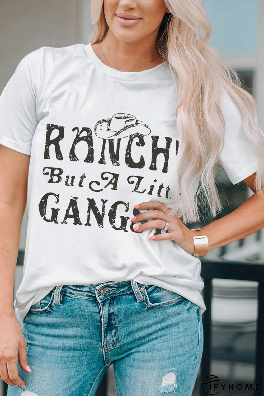White Western Slogan Letter Print Short Sleeve T Shirt | IFYHOME